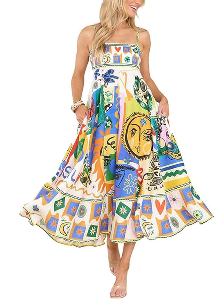 Women Spaghetti Strap Maxi Dress Colorful A Line Swing Long Smocked Picnic Dress Boho Beach Vacat... | Amazon (US)