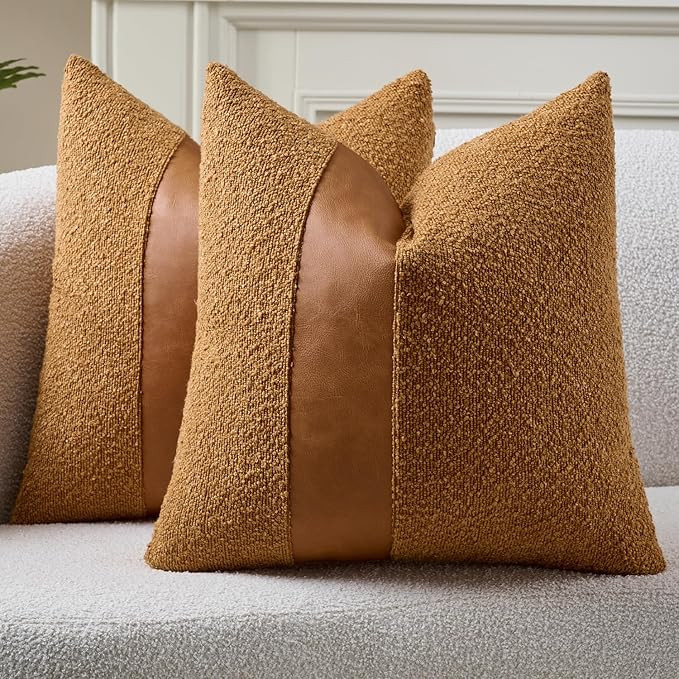 Pack of 2 Faux Leather Boucle Throw Pillow Covers 20"x20" Golden Brown Chic Accents Textured Squa... | Amazon (US)