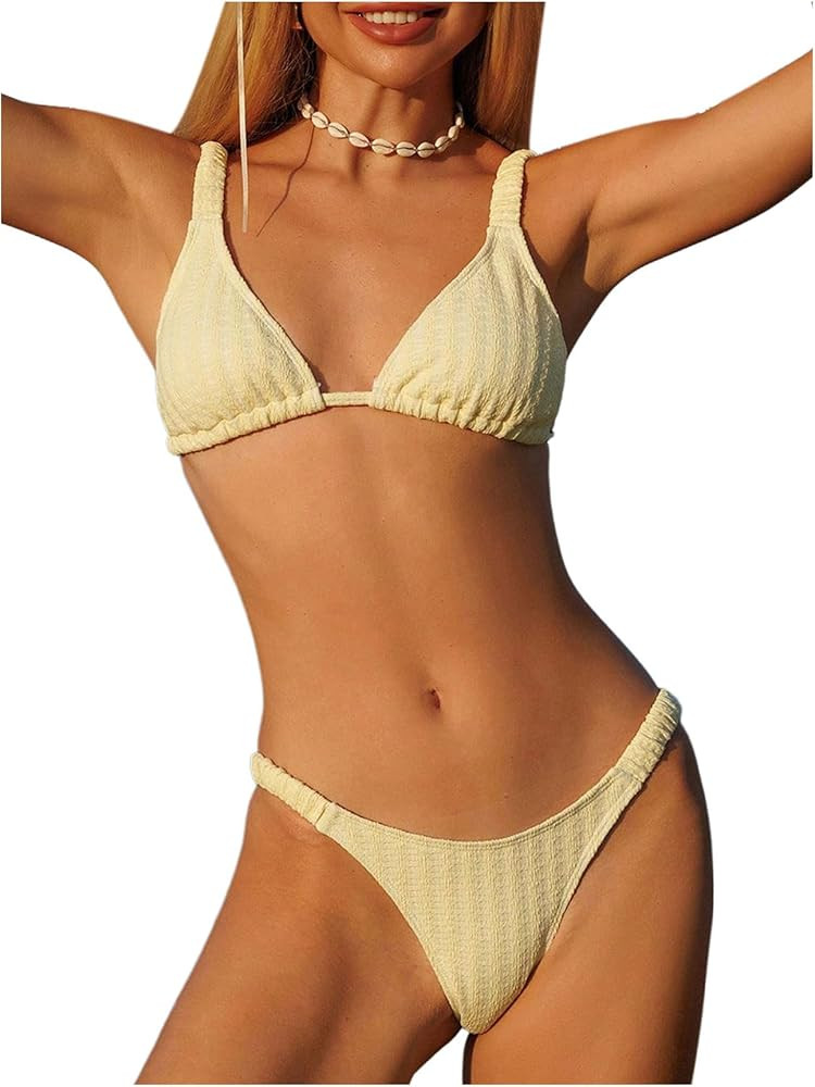 Women's 2 Piece Bikini Set Textured Ruched Low Rise Removable Paded Swimsuit Bathing Suit | Amazon (US)