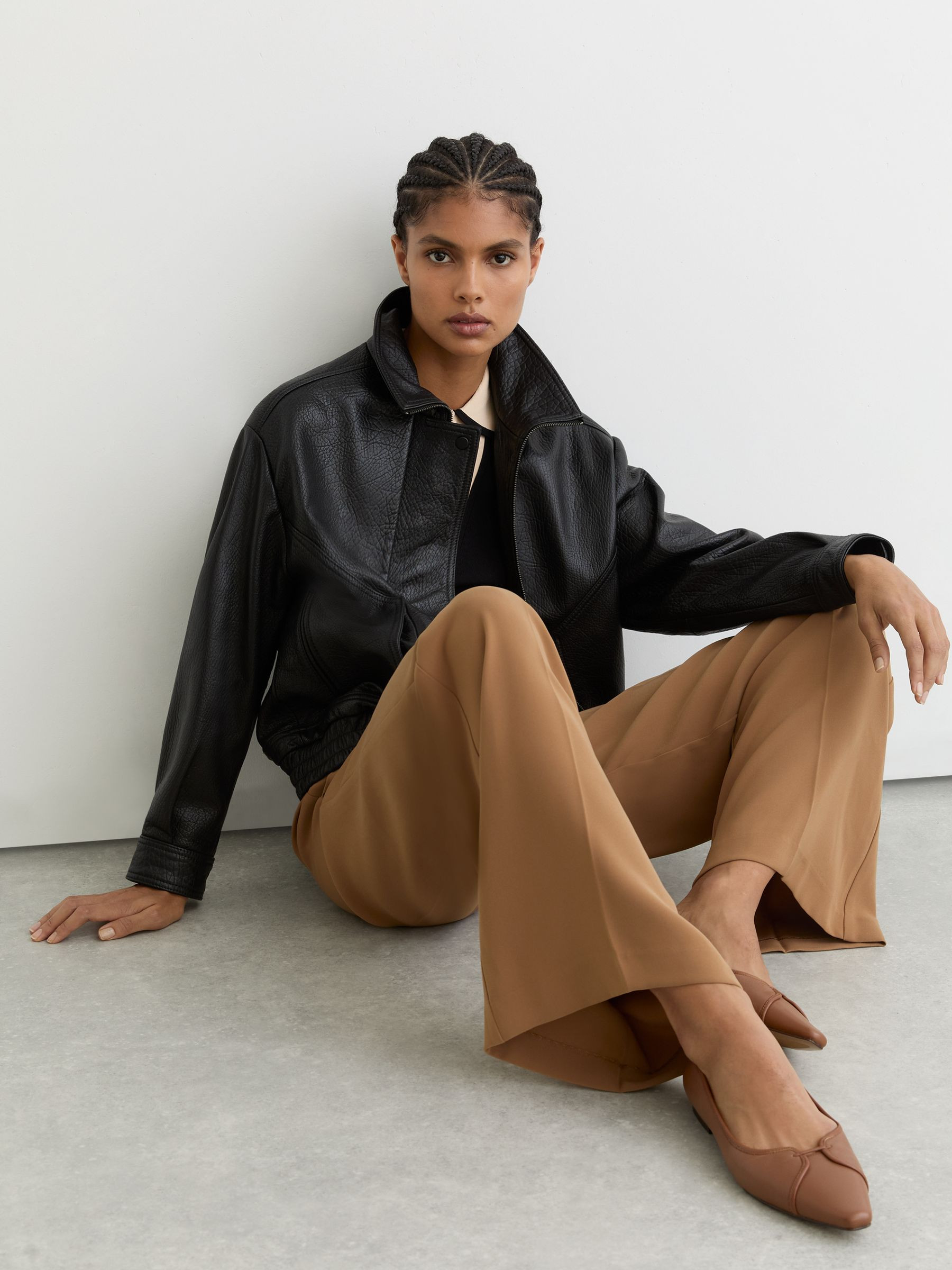 Leather Pointed-Toe Ballerina Shoes in Tan | Reiss UK