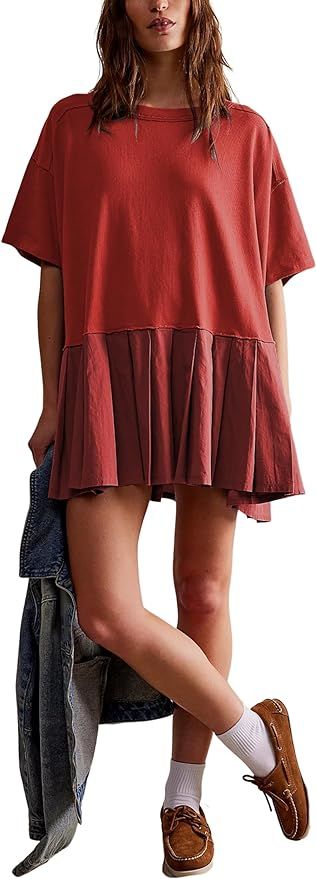 Women's Summer Mini Dress Casual Loose Crew Neck Flowy Peplum Sundress Tunic Babydoll Tops | Amazon (US)