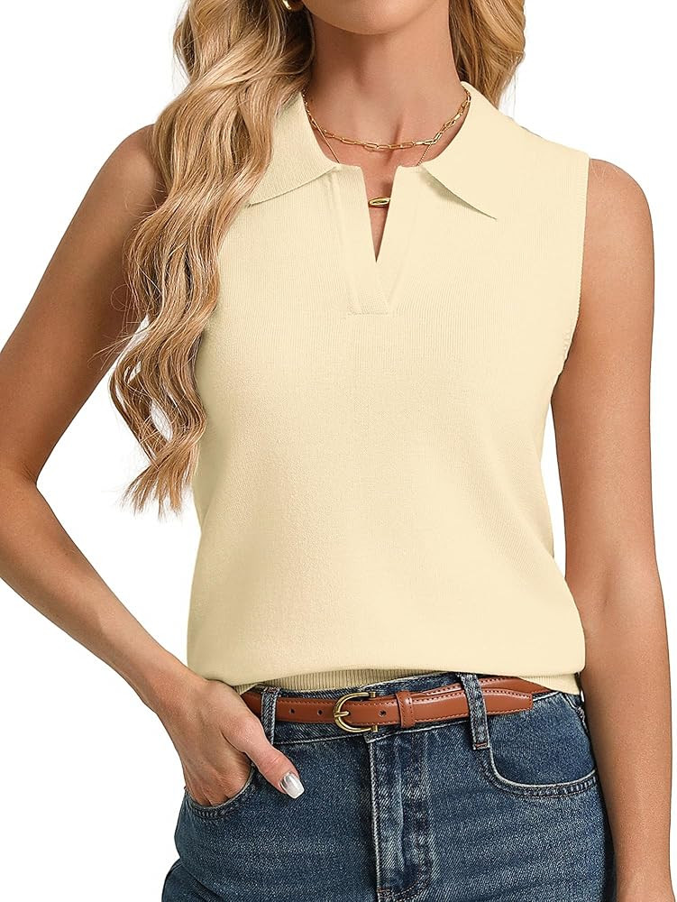 Kate Kasin Women Summer Wool Blend Knit Tank Top, Sleeveless Polo Sweater Vest Lightweight, Busin... | Amazon (US)