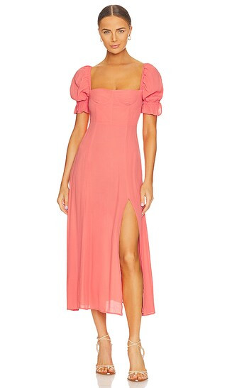Puff Sleeve Midi Dress in Coral | Revolve Clothing (Global)