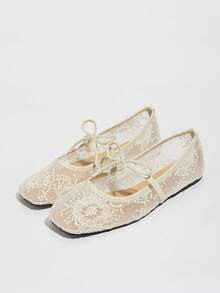 Women's White Ballet Flats With Bow Decor, Flower Embroidery, Breathable Mesh Vamp, Square Toe, S... | SHEIN