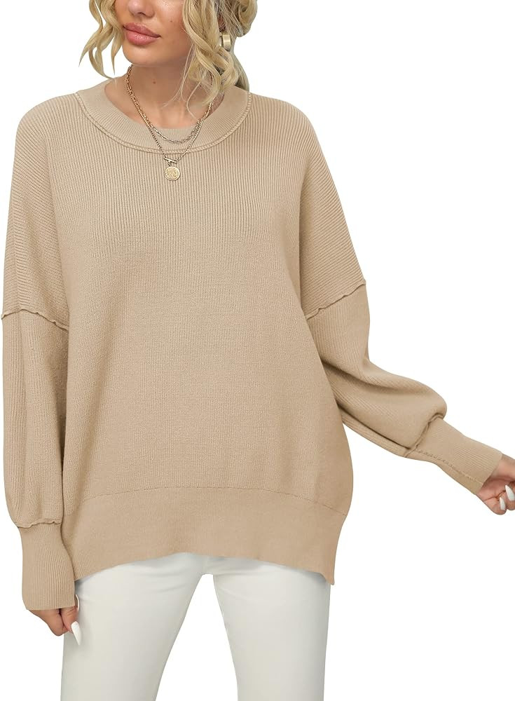 ANRABESS Women Crewneck Batwing Sleeve Oversized Side Slit Ribbed Knit Pullover Sweater Top | Amazon (US)