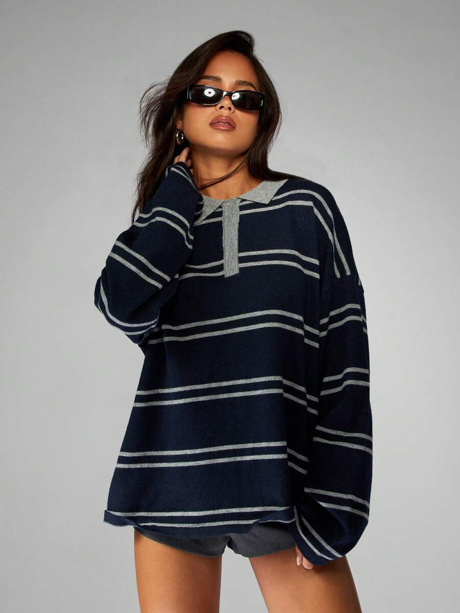 LocalMISSGUIDED Striped Rugby Knit Sweater Collared Pullover Long Sleeve Oversized Y2K Autumn Fal... | SHEIN