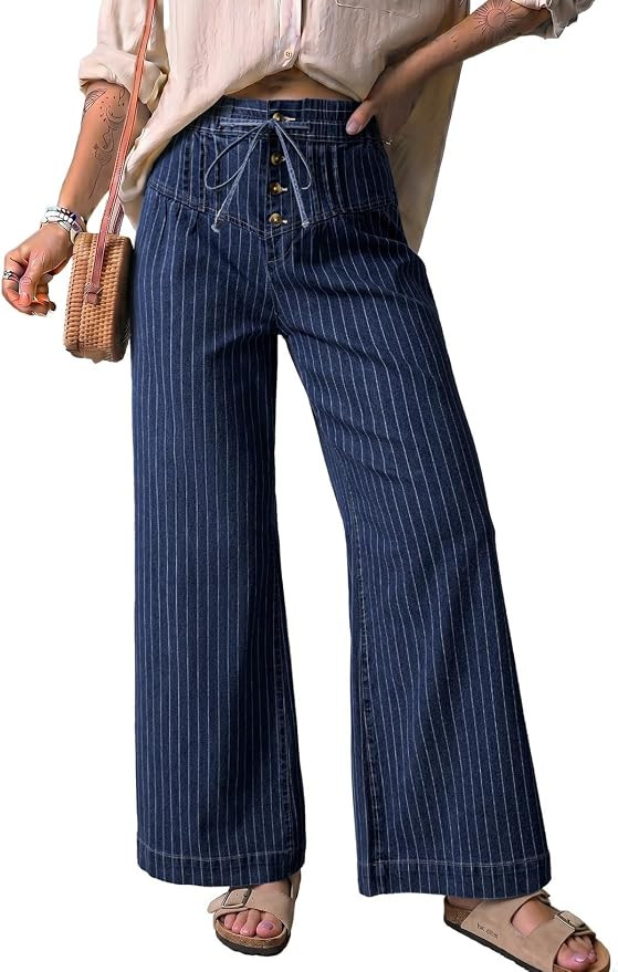 Dokotoo Women's Wide Leg Baggy Jeans Drawstring Striped Button Denim Pants | Amazon (US)