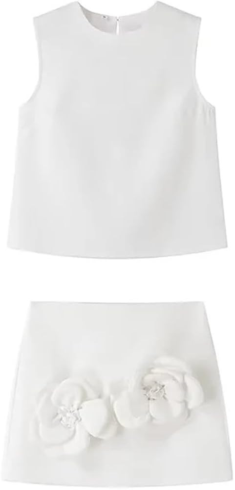 THLAI Summer Women 2 Piece Skirt Sets Sleeveless Crop Tank Top and Mini Skirt Matching with 3D Fl... | Amazon (US)