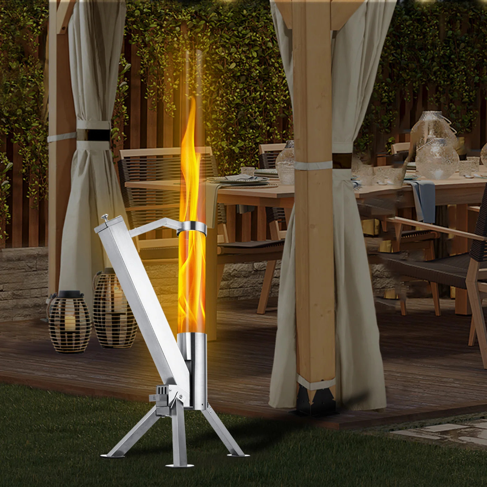 Outdoor Patio Flame Pellet Heater, Portable Pellet Fire Pit With Glass Tube, Tripod Base | Wayfair North America