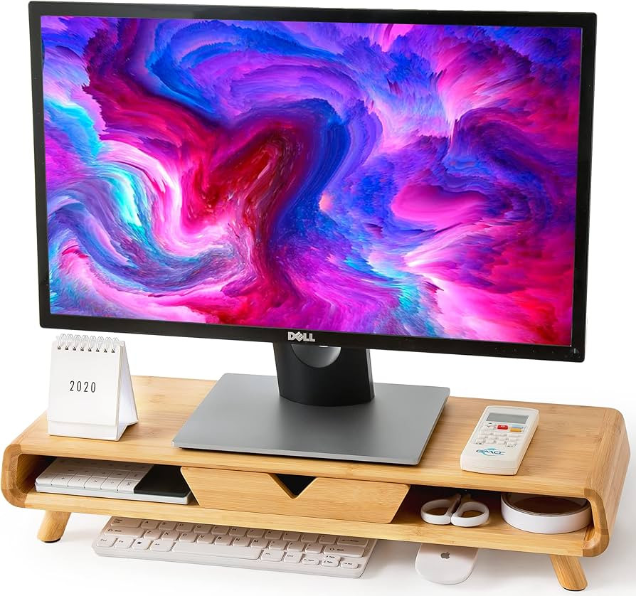 Homerays Bamboo Monitor Stand Riser, No Assembly Required Exquisite Stand with Drawer, Ergonomic ... | Amazon (US)