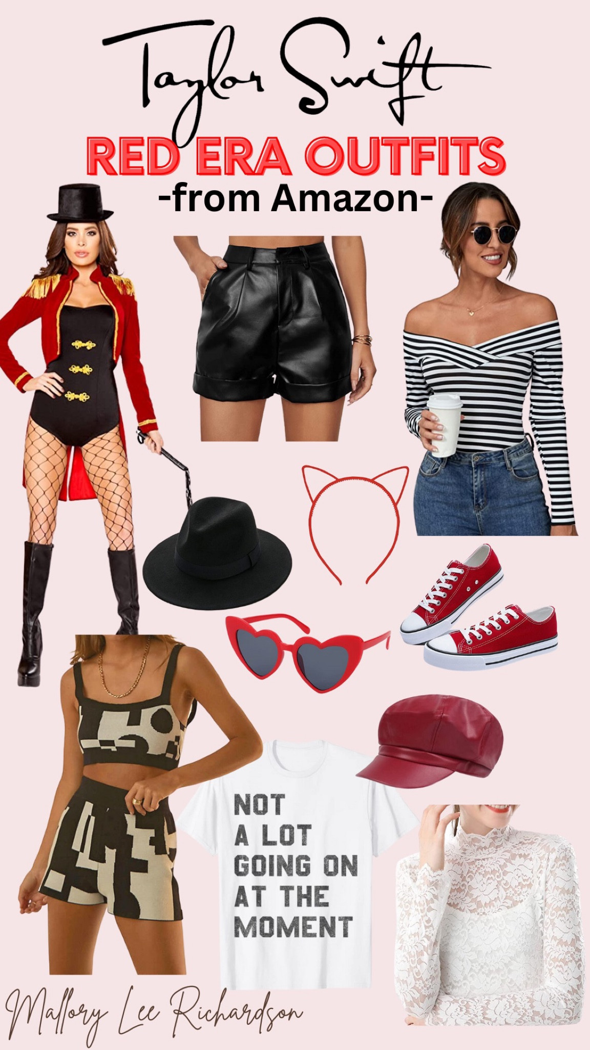 Taylor Swift concert outfit amazon, Taylor Swift eras, Taylor Swift eras outfit, Taylor Swift concert outfits, Taylor Swift eras tour, Taylor Swift amazon, red era, striped top, red hat, black hat, black and white outfit, leather shorts (run big), graphic tee, off shoulder top 

#LTKstyletip #LTKFind #LTKunder50