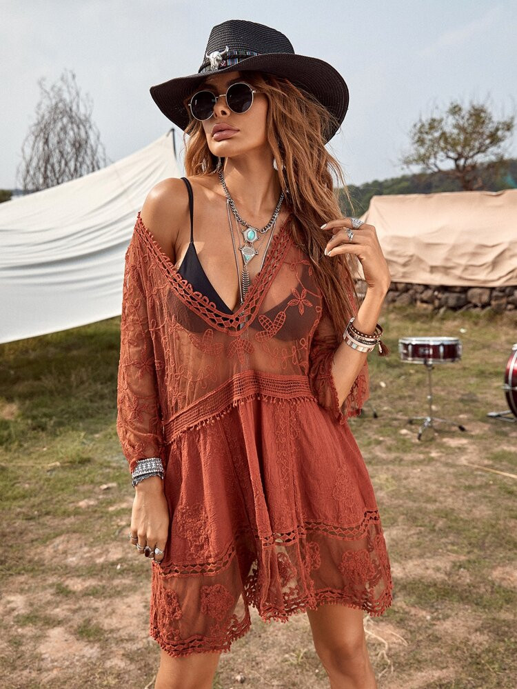 Embroidery Mesh Cover Up Without Bikini | SHEIN