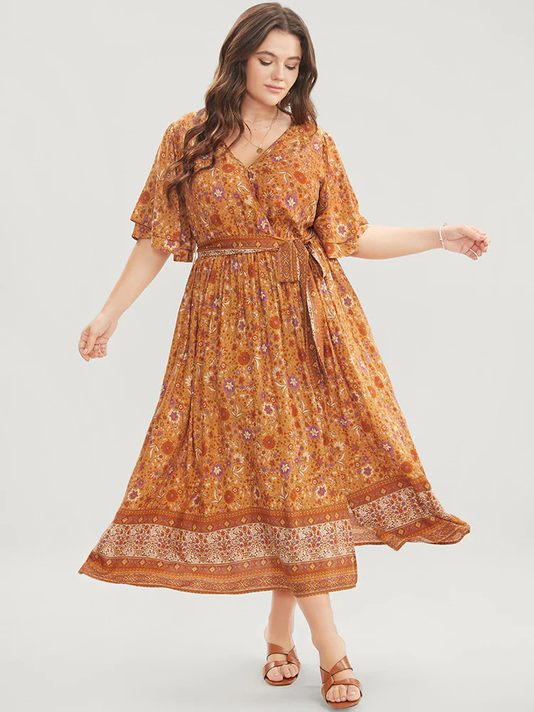 Bandana Print Surplice Neck Pocket Ruffles Belted Split Hem Dress | Bloomchic