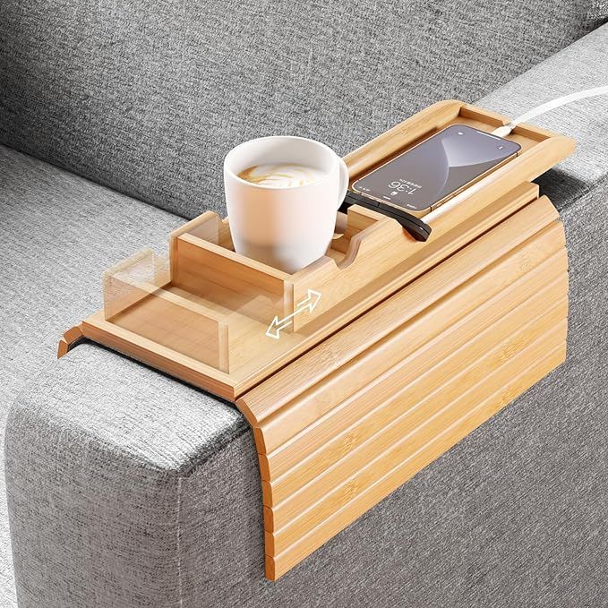 Bamboo Sofa Armrest Tray - Couch Arm Tray with Detachable Couch Cup Holder Tray - Anti-Slip Folda... | Amazon (US)