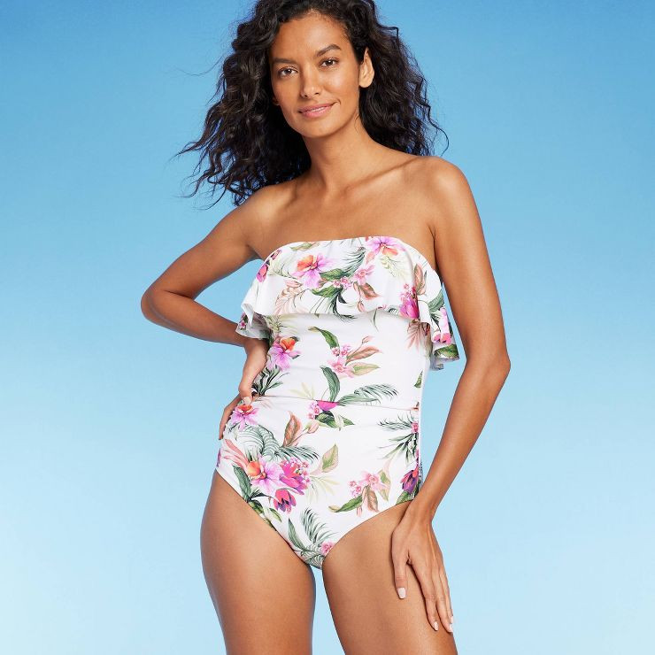 Women's Bandeau Flounce Front Ruched Full Coverage One Piece Swimsuit - Kona Sol™ Cream | Target