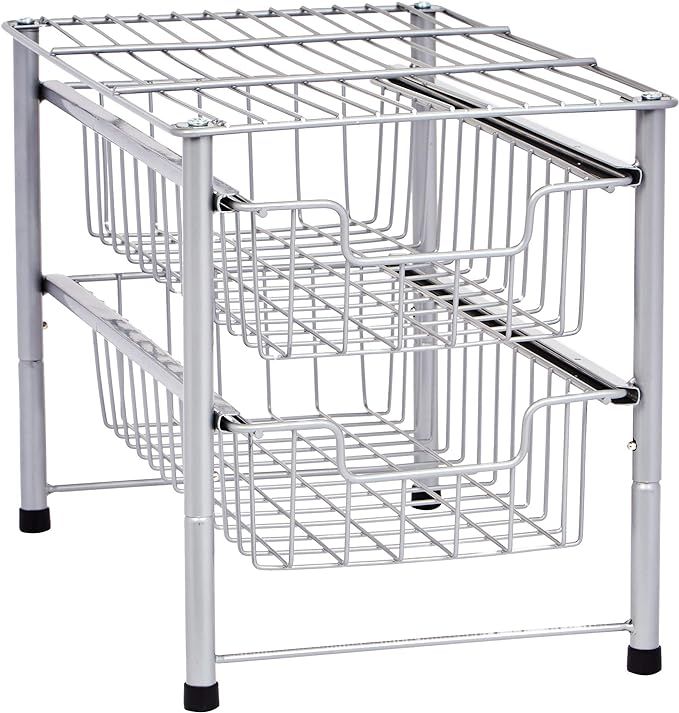 Amazon Basics 2-Tier Sliding Drawers Basket Storage Organizer, Silver | Amazon (US)
