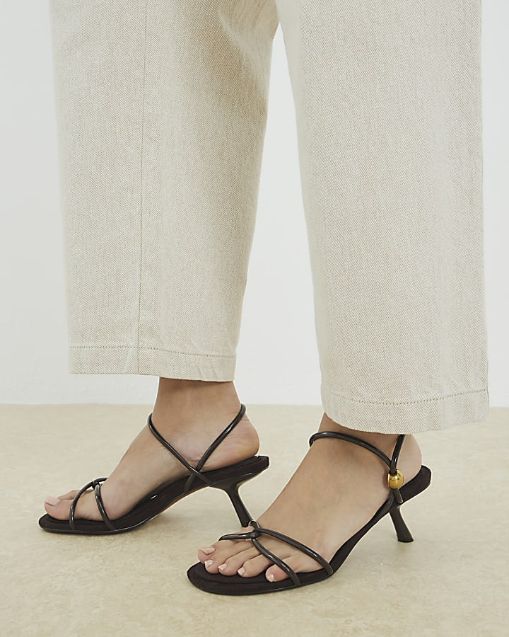 Brown Strappy Gold Trim Slanted Heel Sandals | River Island UK & IE