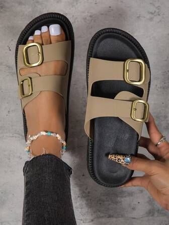 Women Buckle Decor Wedge Sandals, Elegant Khaki Wedge Slide Sandals | SHEIN