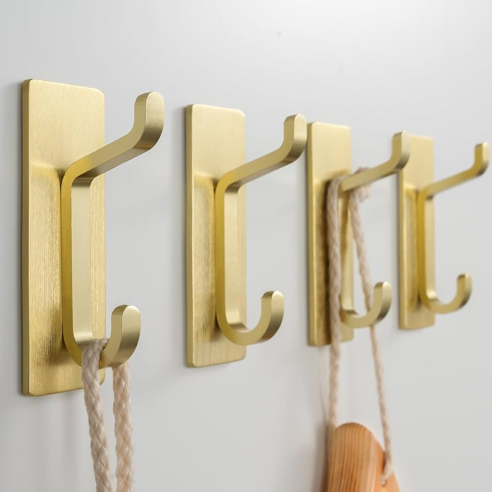 Adhesive Towel Hooks: Heavy Duty 12LB Wall Hooks, for Coat/Robe Stick on Bathroom, Gold, 4-Pack, ... | Amazon (US)