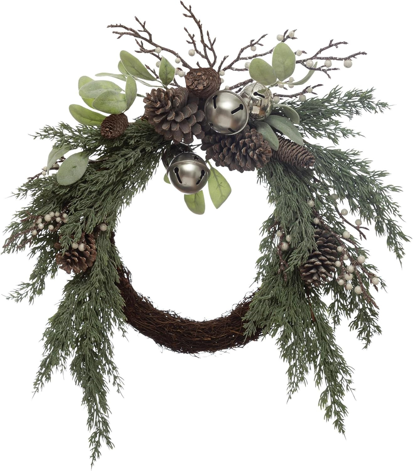 Creative Co-Op Faux Juniper and Mixed Evergreen Wreath with Silver Jingle Bells, Pinecones and Be... | Amazon (US)