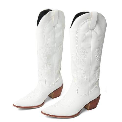 FOREADA White Cowgirl Boots Womens Cowboy Boot Square Toe Western Booties Wide Calf Embroidery Chunky Heel Comfy Ladies Wedding Shoes | Amazon (US)