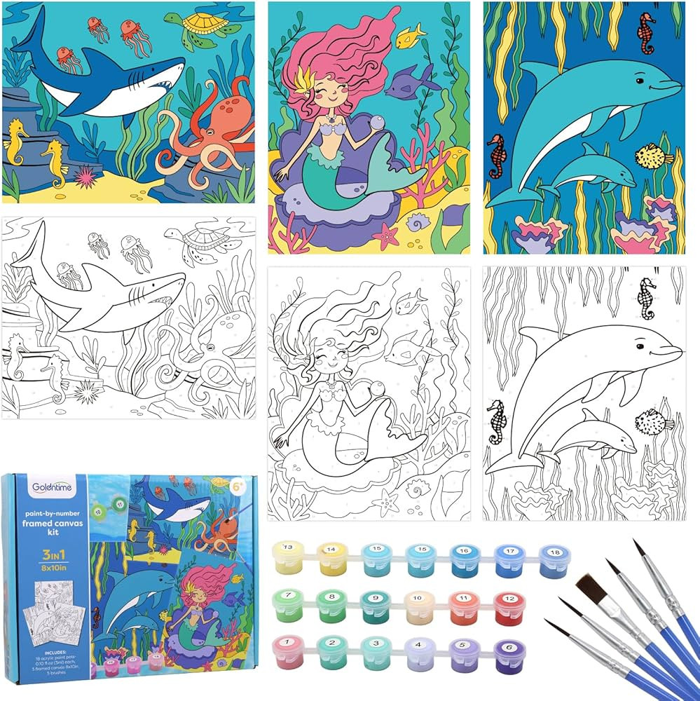 goldentime 3 Pack Kids Paint by Numbers Ages 4-8-12 Includes 8x10 inch Framed Canvas with 19 Acry... | Amazon (US)