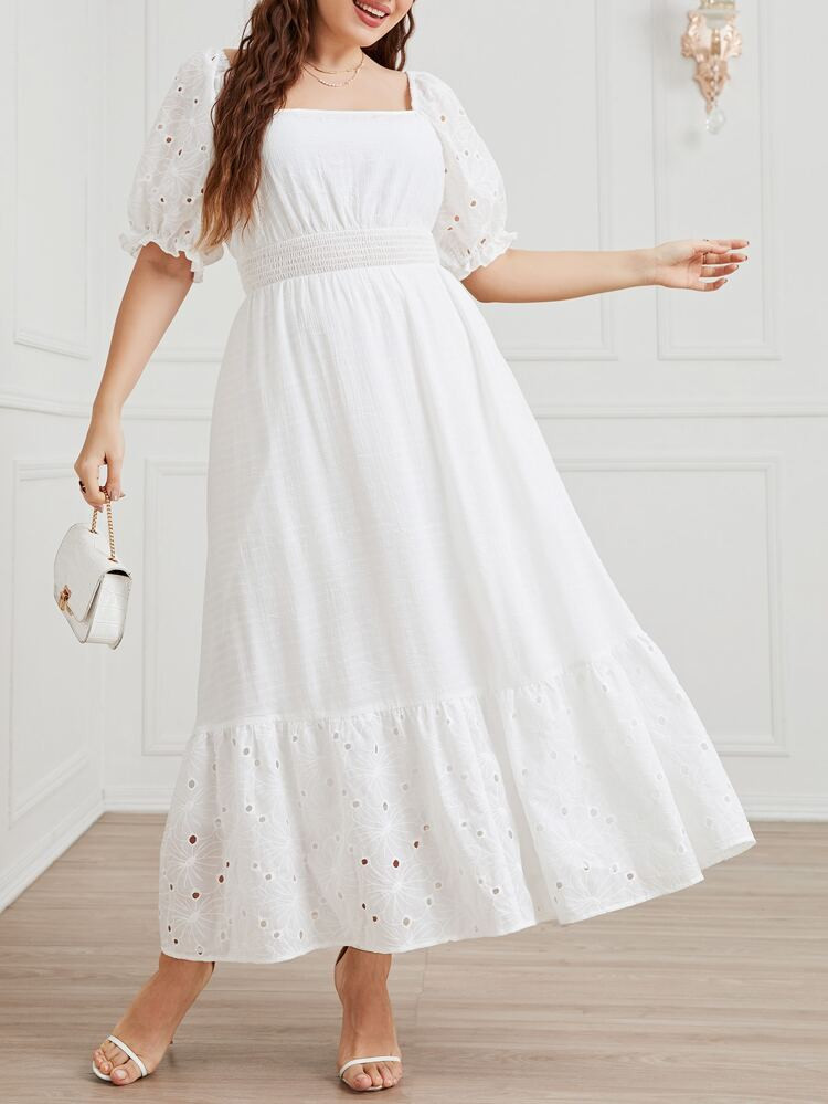 SHEIN Mulvari Plus Contrast Eyelet Embroidery Puff Sleeve Shirred Ruffle Hem Dress | SHEIN