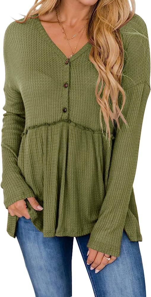 PINKMSTYLE Women's Long Sleeve V Neck Tops Button Up Ruffle Babydoll Tunic Tops Waffle Peplum Blo... | Amazon (US)