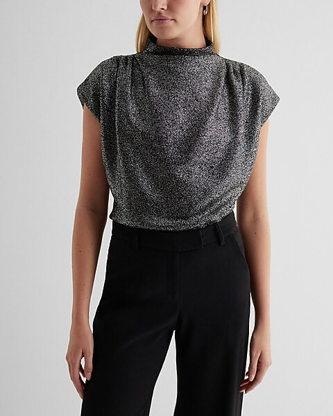 Skimming Shine Mock Neck Pleated Shoulder Bubble Top | Express