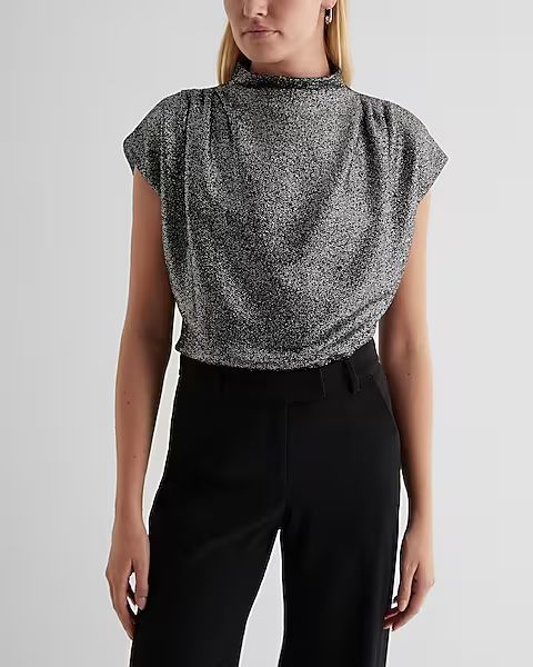 Skimming Shine Mock Neck Pleated Shoulder Bubble Top | Express