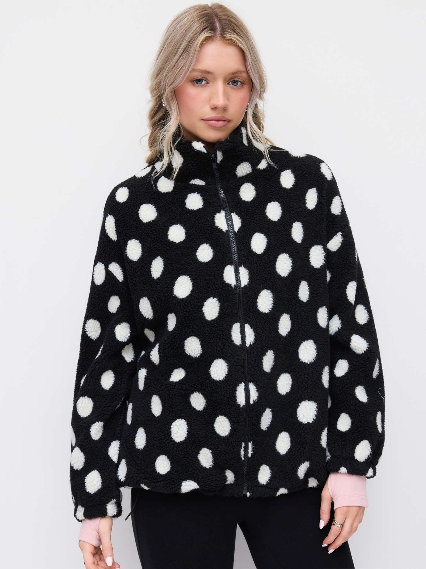 Fleece Fleece Polka Dot Drawstring Stand Collar Oversized Jacket For Daily Casual | Cider