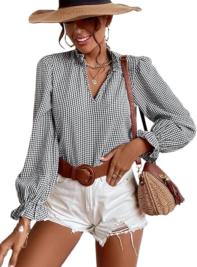 Floerns Women's Houndstooth Print Notched V Neck Long Sleeve Casual Blouse Tops | Amazon (US)