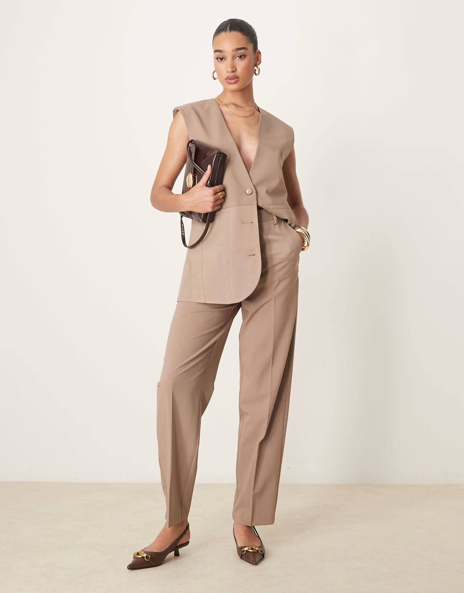 ASOS DESIGN tailored mixed fabric straight leg pants in mocha - part of a set | ASOS (Global)