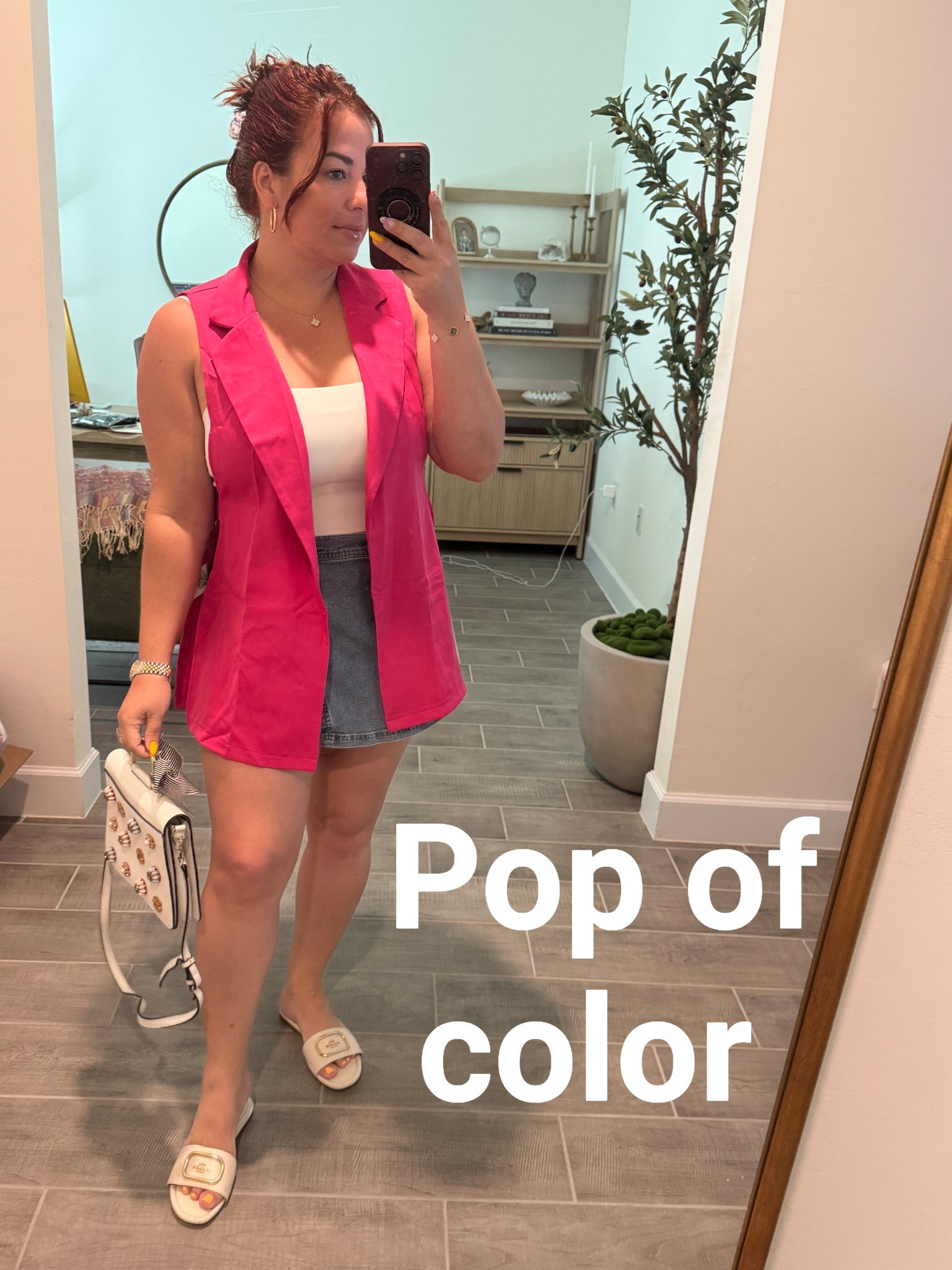 Love mixing pieces , hot pink vest , jean skirt , coach sandals , white bag , white tank top. 

#LTKStyleTip #LTKFindsUnder50 #LTKSeasonal