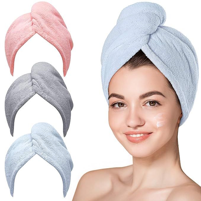 Hicober Microfiber Hair Towel, 3 Packs Hair Turbans for Wet Hair, Drying Hair Wrap Towels for Cur... | Amazon (US)