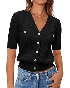 Zenlonr Women's 2025 Summer Button Down Shirts Casual Short Sleeve Blouse Tops V Neck Ribbed Knit... | Amazon (US)
