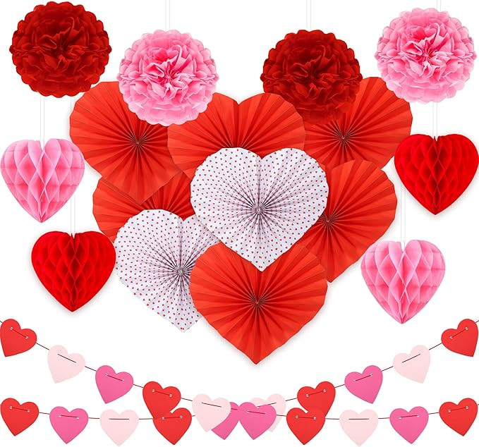 Valentine's Day Party Decorations Kit Heart Hanging Paper Fans Banner Red Pink Honeycomb Balls Po... | Amazon (US)