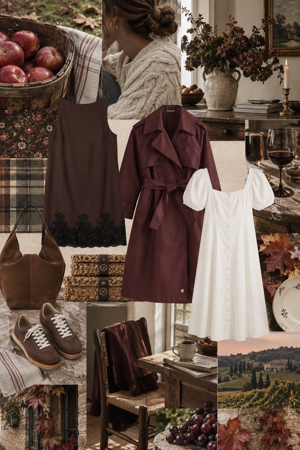Fall fashion and home decor finds in burgundy, chocolate brown, cream and warm neutrals. Fall dresses, burgundy trench coat, brown sneakers, suede handbag, woven decor, vintage-inspired rug, amber glassware, brass candlesticks and cozy autumn home finds.

#LTKSeasonal #LTKHome #LTKOver40