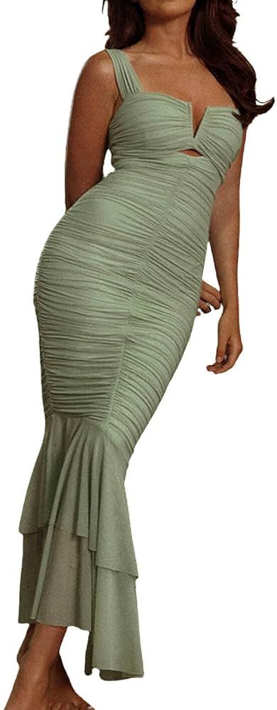 CHARTOU Women's Sleeveless Strappy Prom Party Evening Ruched Bodycon Mermaid Fishtail Maxi Dress | Amazon (CA)