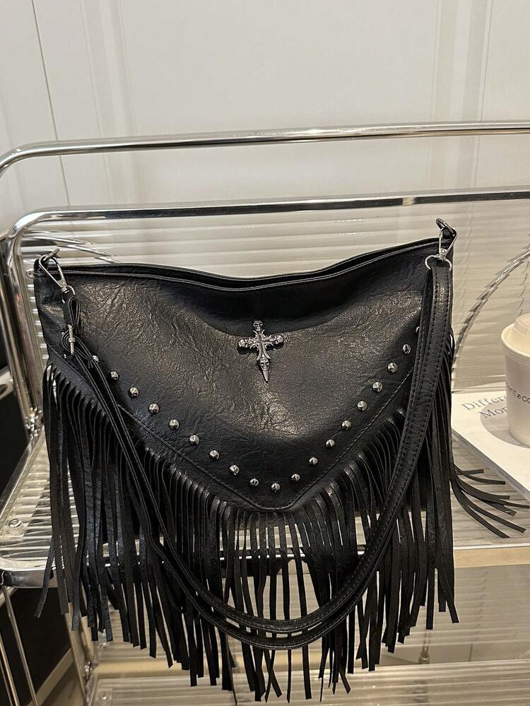Fashion Vintage Leather Crossbody Bag, Boho Style Shoulder Bag, Tassel Rivet Cross Decor Square P... | SHEIN
