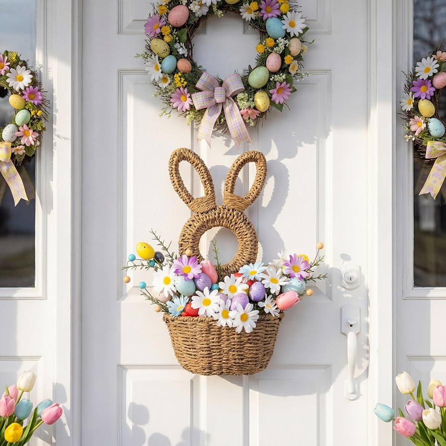 Thyle 15.7 Inch Easter Bunny Wicker Basket Door Decoration Rabbit Woven Basket Hanging Wreath for... | Amazon (US)