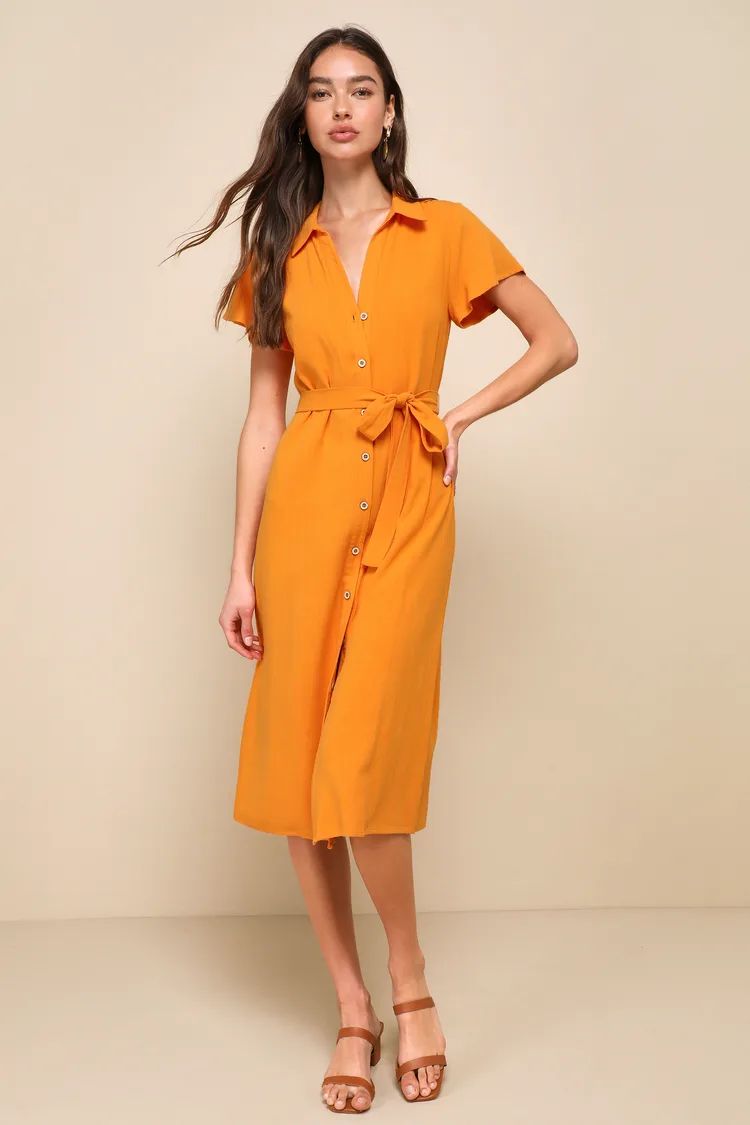 Italian Summer Orange Linen Button-Up Short Sleeve Midi Dress | Lulus