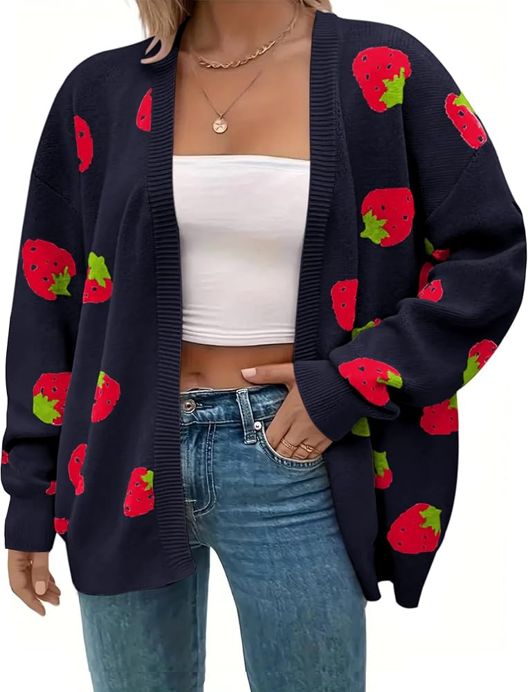 Women's Plus Size Strawberry Floral Print Long Sleeve Open Front Knit Cardigan Sweater | Amazon (US)