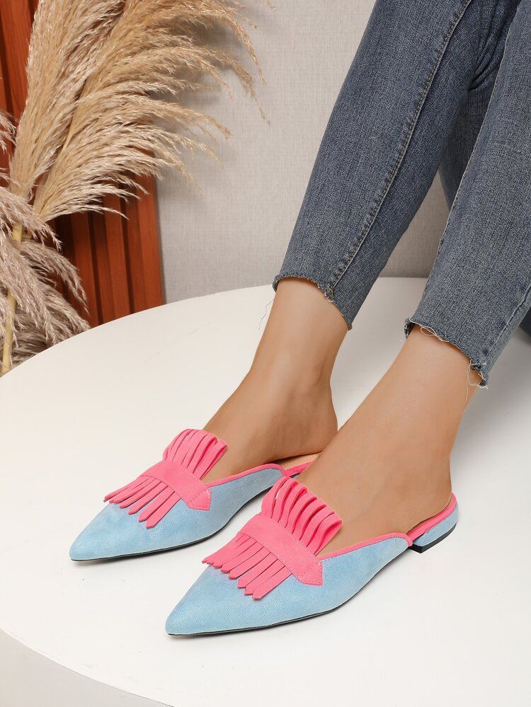 Faux Suede Two Tone Fringe Decor Flat Mules | SHEIN