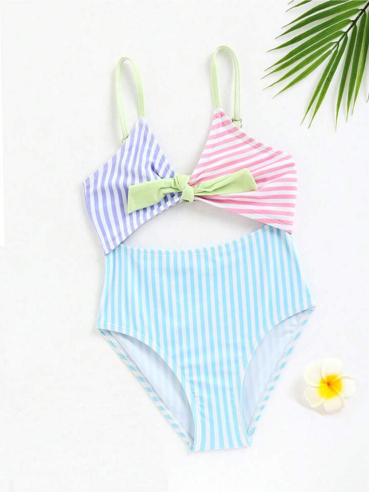 Toddler Girls Striped Cut Out Knot Front One Piece Swimsuit | SHEIN