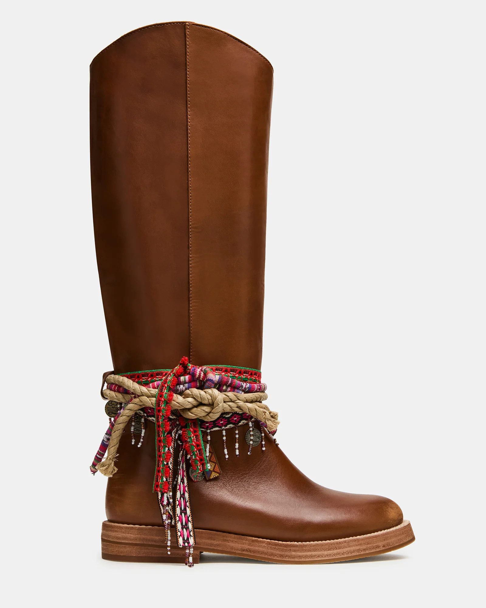 ORIGIN Tan Leather Cord-Embellished Round-Toe Women's Knee High Boot | Steve Madden (US)
