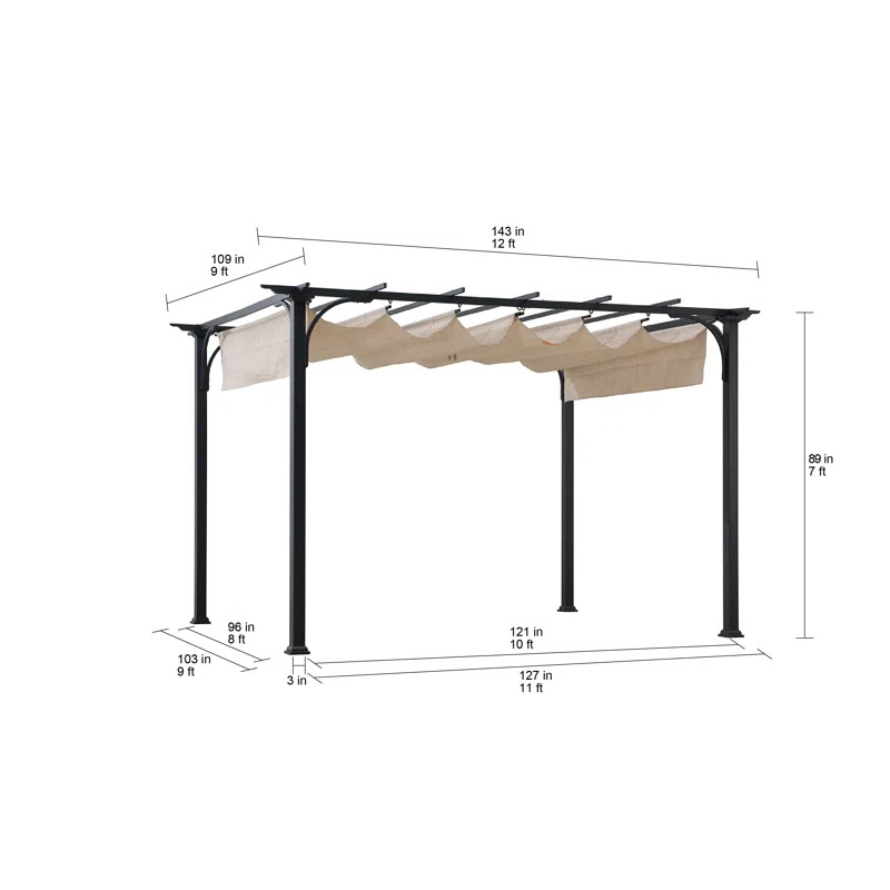 Sunjoy Naples Outdoor Pergola 9 x 12 ft. Patio Black Steel Frame Pergola with Retractable Beige C... | Wayfair North America