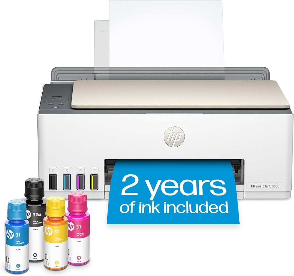 HP Smart-Tank 5000 Wireless All-in-One Ink-Tank Printer with up to 2 years of ink included, mobil... | Amazon (US)