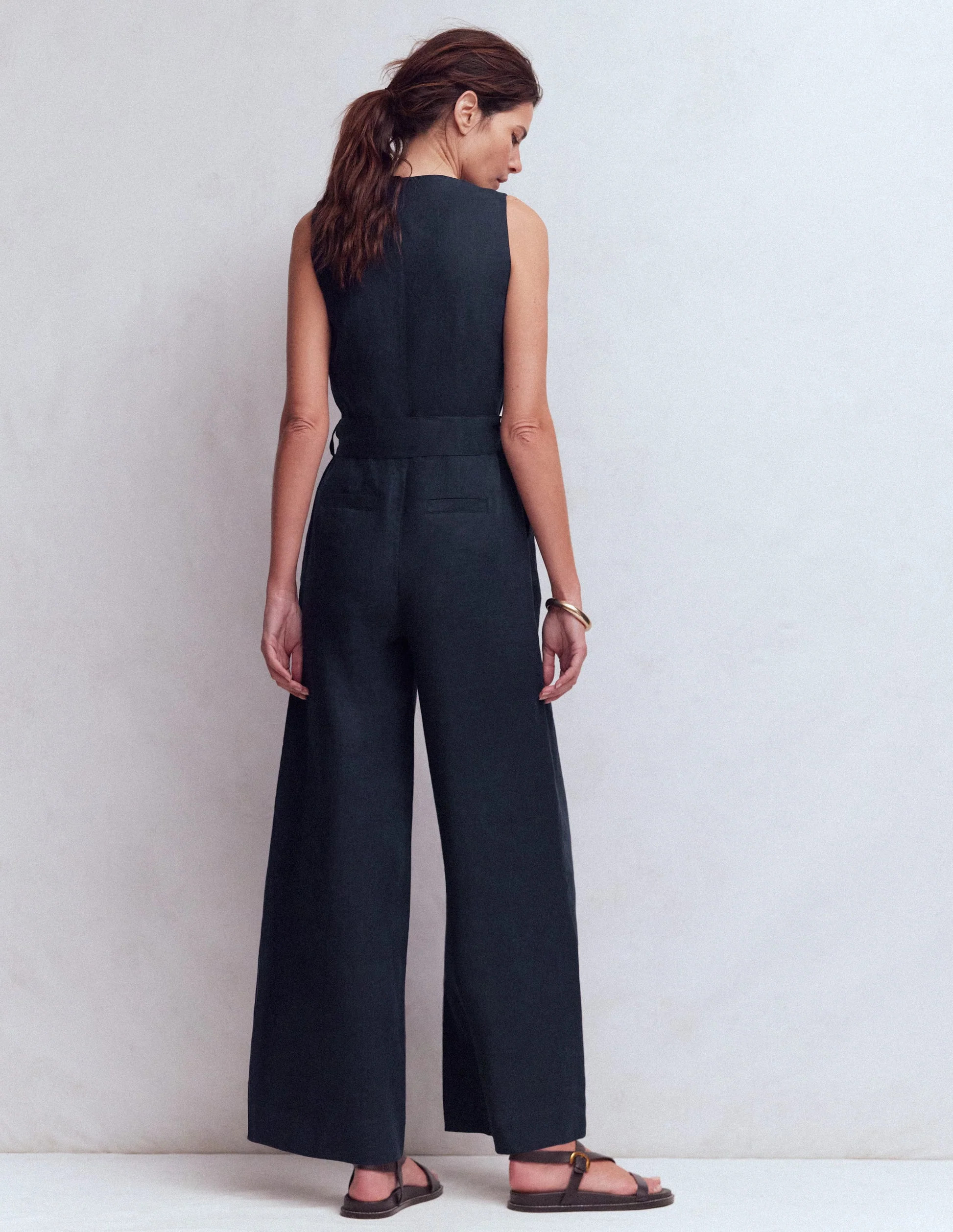 Laura V-neck Linen Jumpsuit-Red, Ivory Stripe | Boden UK