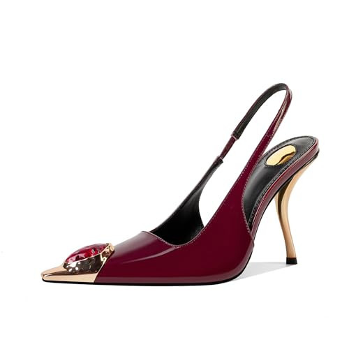 USRUNOE Rhinestones Slingback Kitten Heels Pointed Closed Toe Pumps for Women, Stiletto 4Inch High Heeled Sandals for Dress Shoes,Burgundy 6 | Amazon (US)